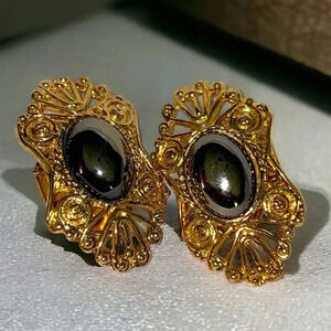Vintage MUSI Hematite Gold Tone Filigree Shoe Clips